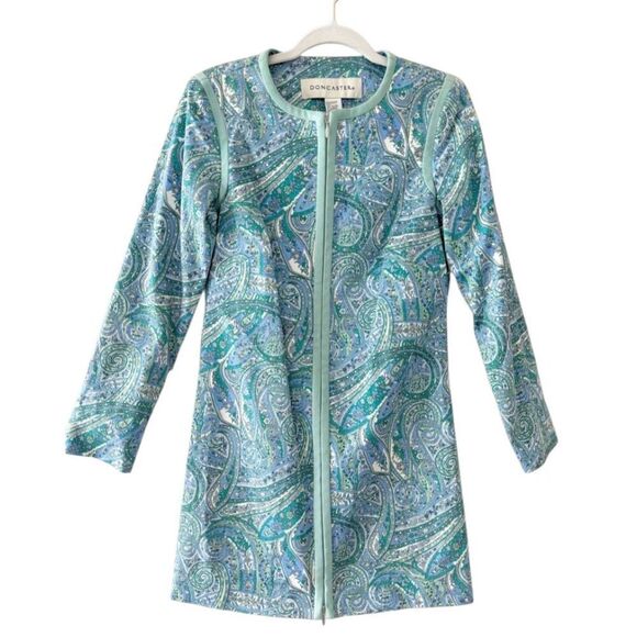 Doncaster Cotton Dress Spring Summer Blue Green Full Zip Paisley Print $425 - Picture 1 of 10